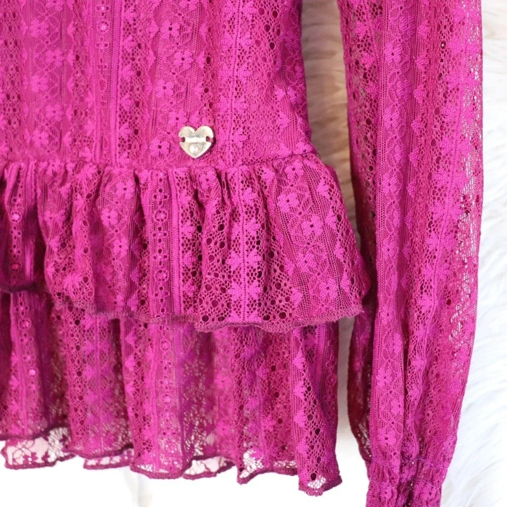 Bebe Girls Magenta Pink Lace Ruffle‎ Long Sleeve Blouse Top XL 16